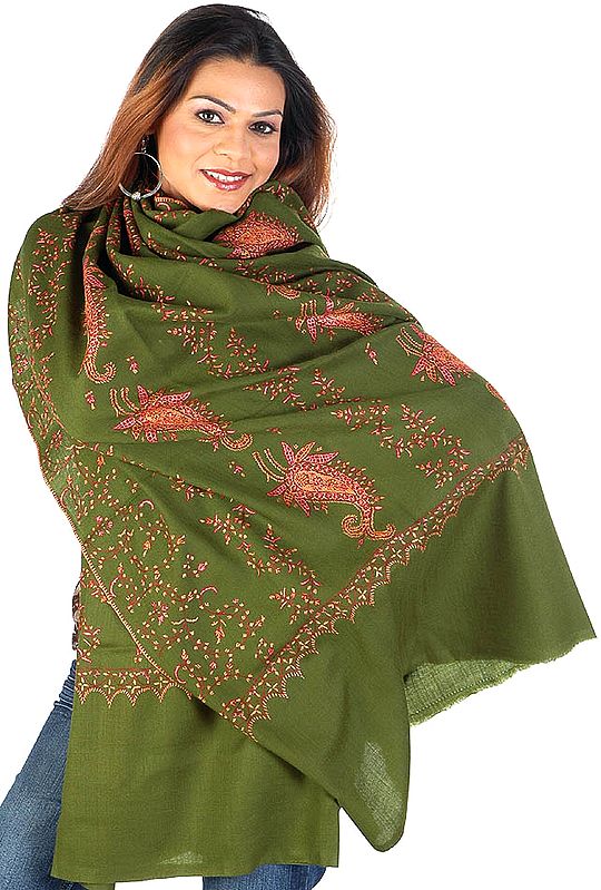 Fern-Green Tusha Shawl from Kashmir with Needle Embroidery