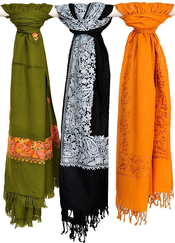 Lot of Three Stoles with Aari Embroidery from Kashmir