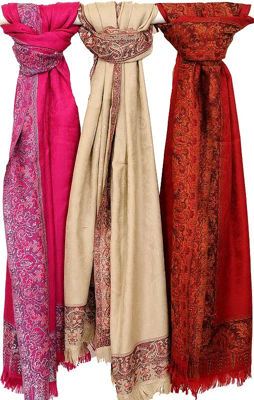 Lot of Three Plain Shawls with Jamawar Weave on Border