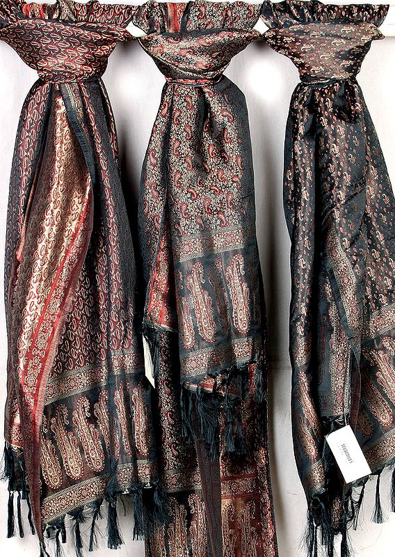 Lot of Three Black Banarasi Stoles with All-Over Tanchoi Weave