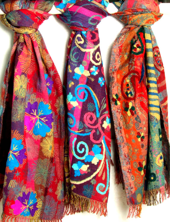 Lot of Three Jamawar Stoles with Embroidery