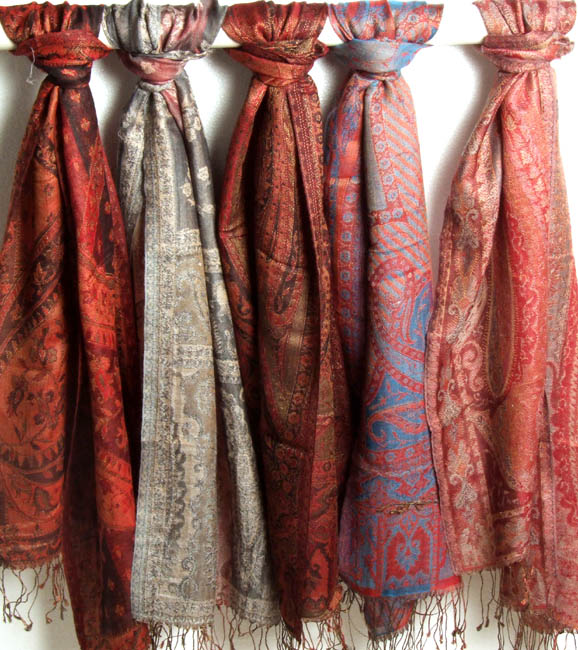 Lot of Five Double-Sided Jamawar Scarves