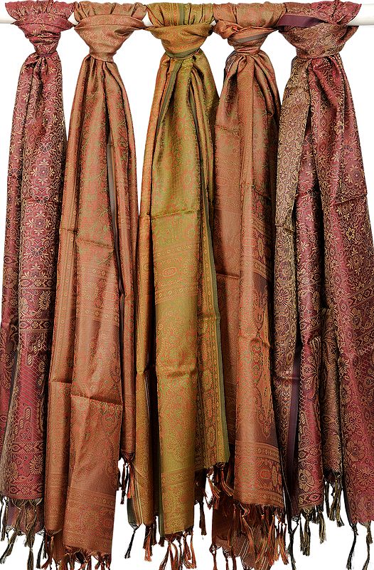 Lot of Five Jacquard Woven Stoles from Banaras