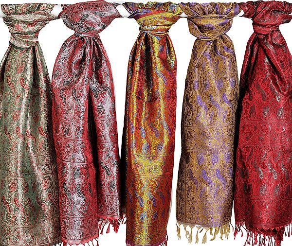 Lot of Five Banarasi Stoles with Woven Peacocks