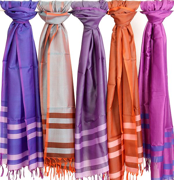 Lot of Five Banarasi Scarves with Woven Stripes
