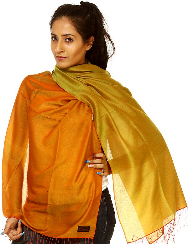 Flame-Orange and Lime Reversible Handmade Water Stole from Nepal