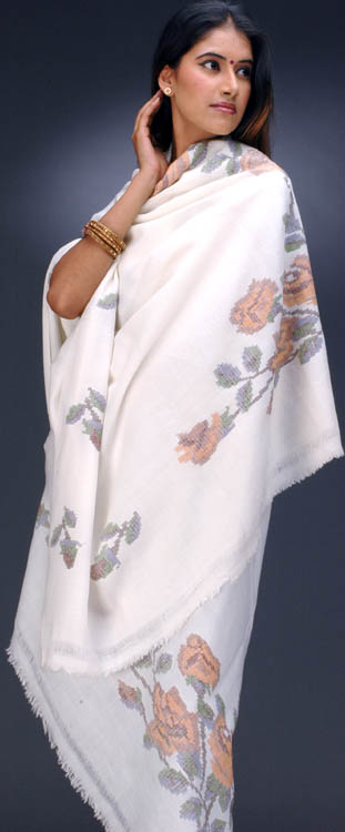 Floral Ivory Shawl from Kullu