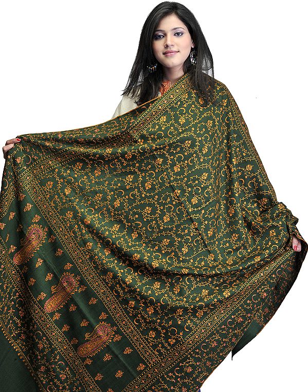 Forest-Green Kashmiri Tusha Shawl with Jafreen Jaal Embroidery by Hand