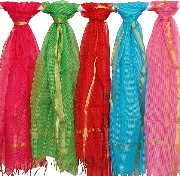 Lot of Five Plain Net Dupattas from Banaras