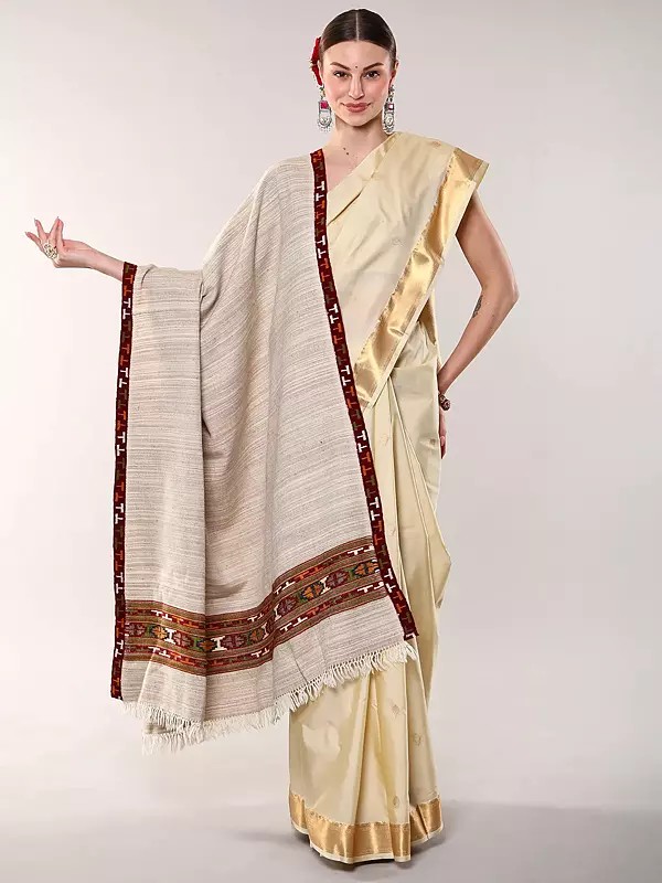 Pure Yak Wool Shawl with Kinnauri Border from Kullu