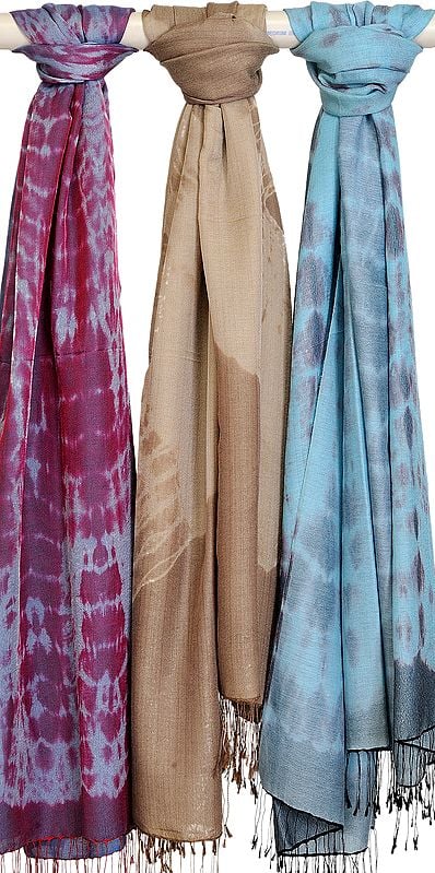 Lot of Three Batik-Dyed Silk-Wool Stoles from Nepal