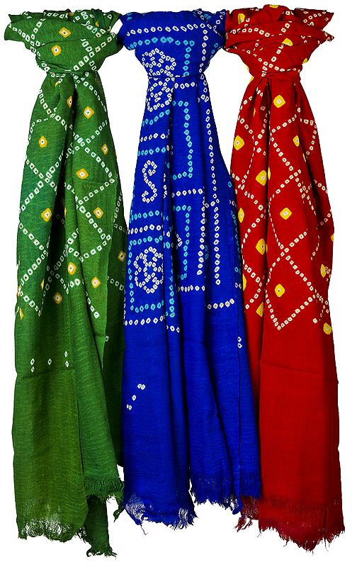 Lot of Three Bandhani Tie Dye Shawls from Kutchh
