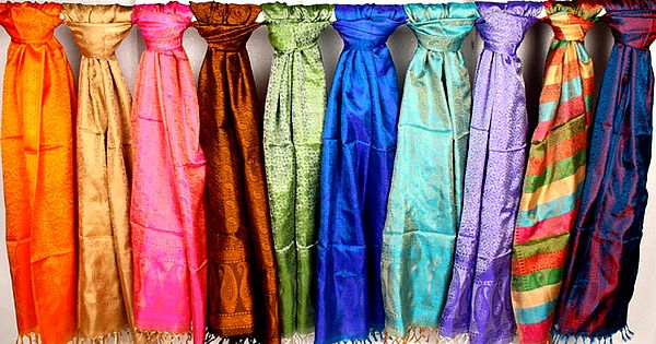 Lot of Ten Pure Silk Stoles with Tanchoi Weave
