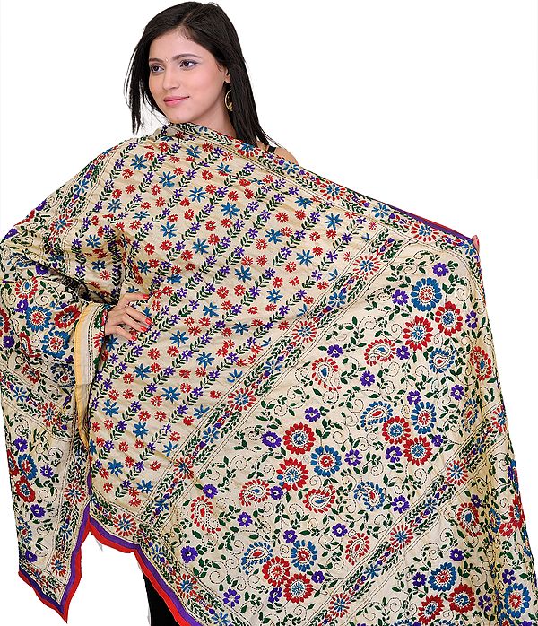 Frosted-Almond Phulkari Dupatta with Thread Embroidery and Sequins