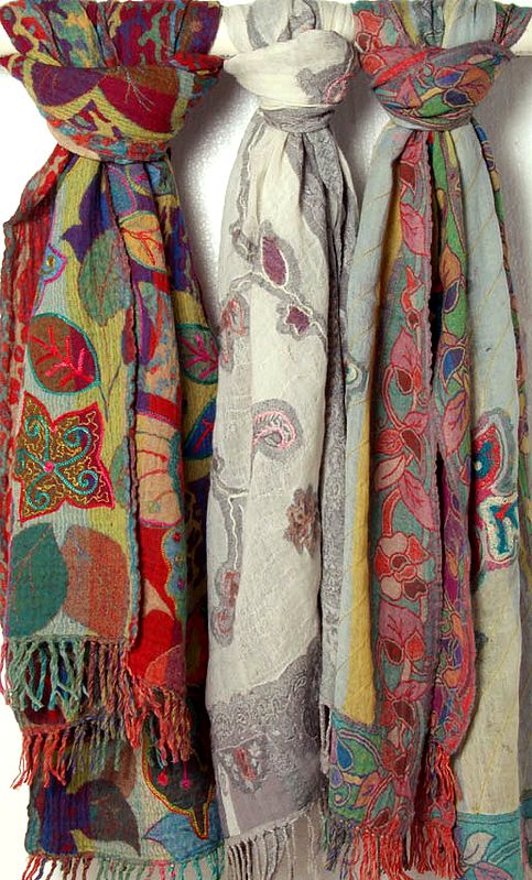 Lot of Three Boiled-Wool Jamawar Stoles with Embroidery