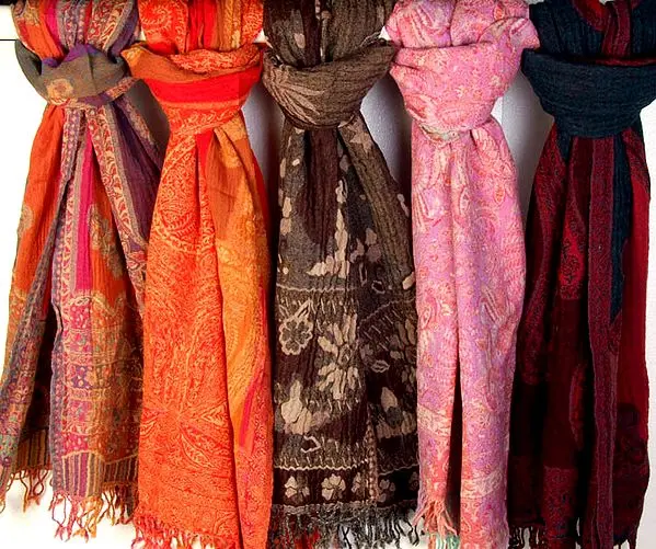 Lot of Five Boiled-Wool Jamawar Stoles