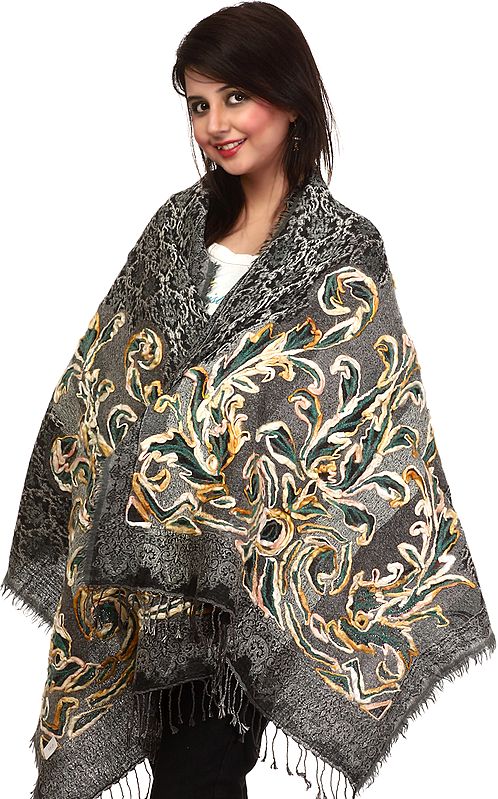 Gargoyle-Gray Jamawar Woven Stole with Aari-Embroidery