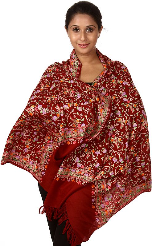 Garnet Red Kashmiri Stole with Aari Embroidered Jaal by Hand