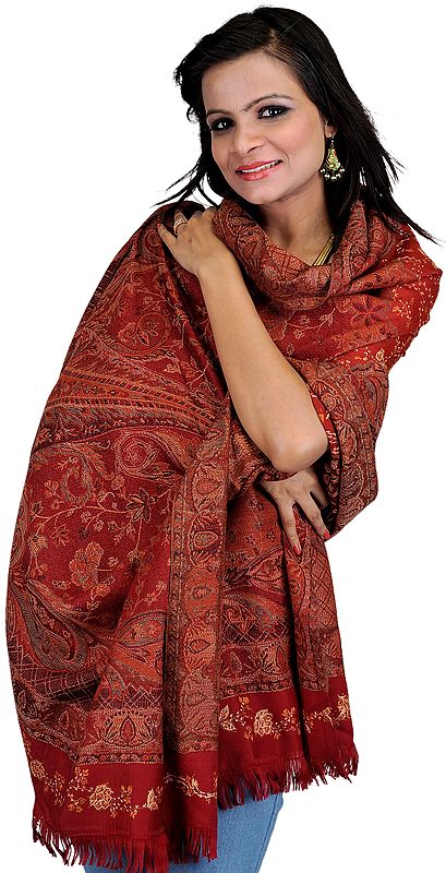 Garnet-Red Jamawar Shawl with Woven Paisleys and Needle Embroidery