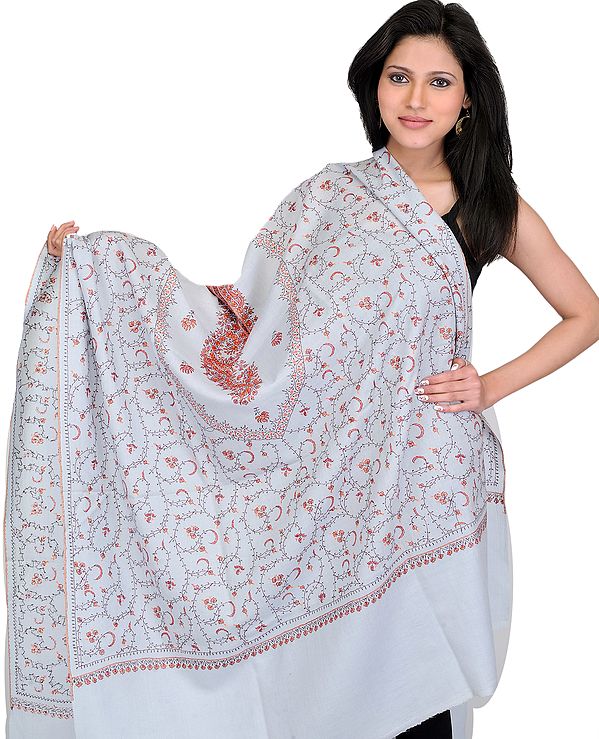 Glacier-Gray Tusha Shawl from Kashmir with Sozni Hand Embroidered Flowers All-Over