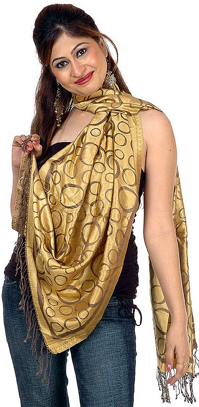 Golden and Brown Double-Sided Silk Stole with Woven Bubbles