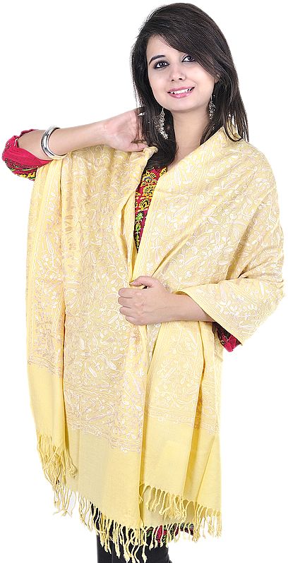 Golden-Haze Stole from Amritsar with Embroidered Paisleys All-Over