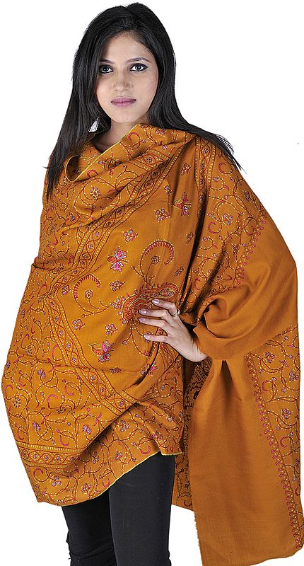 Golden-Ochre Tusha Shawl from Kashmir with Sozni Embroidery by Hand All-Over