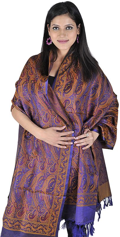 Gothic-Grape Stylized Paisley Banarasi Shawl with All-Over Weave