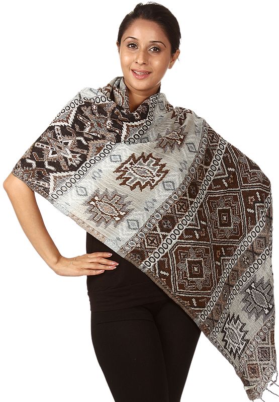 Gray and Brown Reversible Jamawar Stole with Woven Rhomboids All-Over