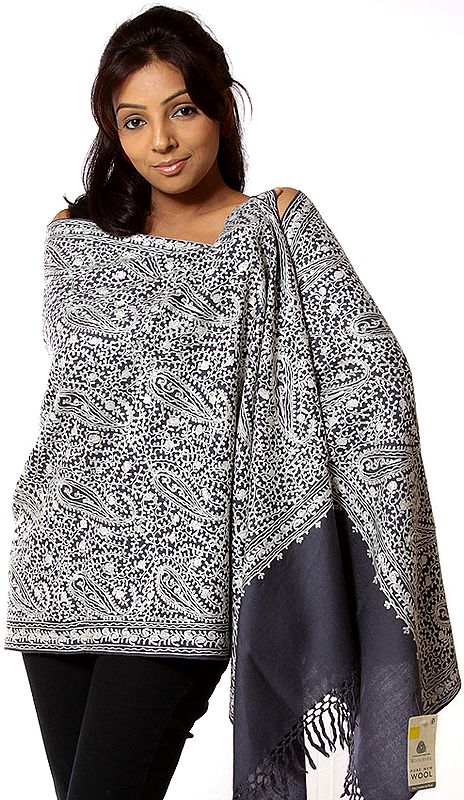 Gray and Ivory Stole with Aari Embroidered Paisleys and Crystals
