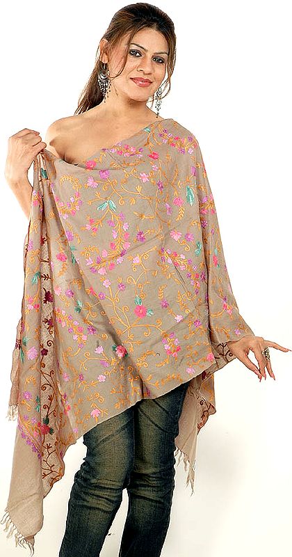 Gray Aari Shawl with Floral Embroidery