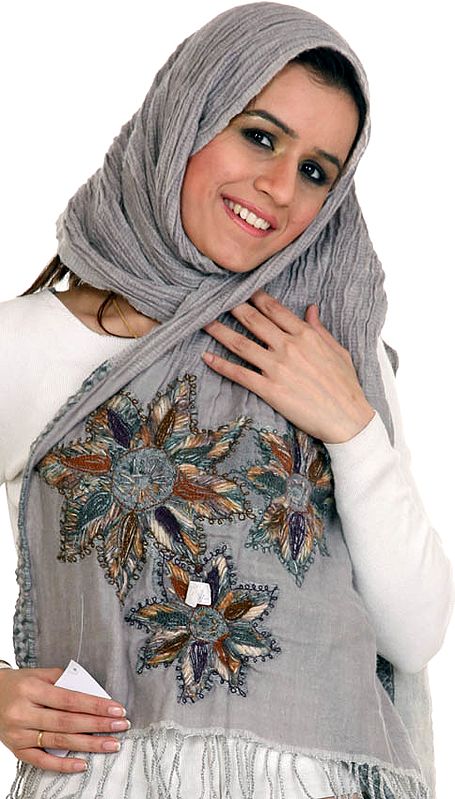 Gray Boiled-Wool Jamawar Stole with Embroidered Flowers