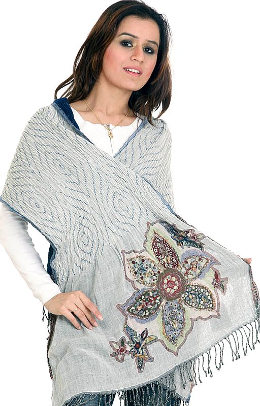 Gray Boiled-Wool Jamawar Stole with Floral Embroidery