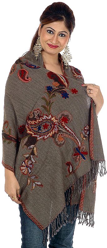Gray Boiled-Wool Stole with Aari-Embroidered Flowers