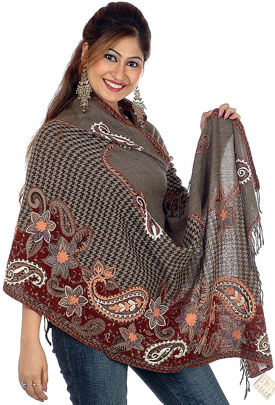 Gray Boiled-Wool Stole with Aari-Embroidery