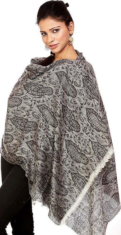 Gray Cashmere Stole with Woven Paisleys