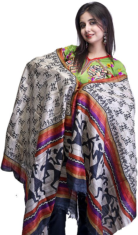Gray Dupatta with Printed Figures Inspired by Warli Art