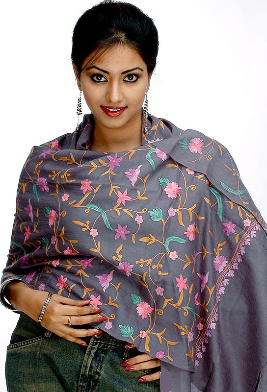 Gray Floral Stole with Aari-Embroidery from Kashmir