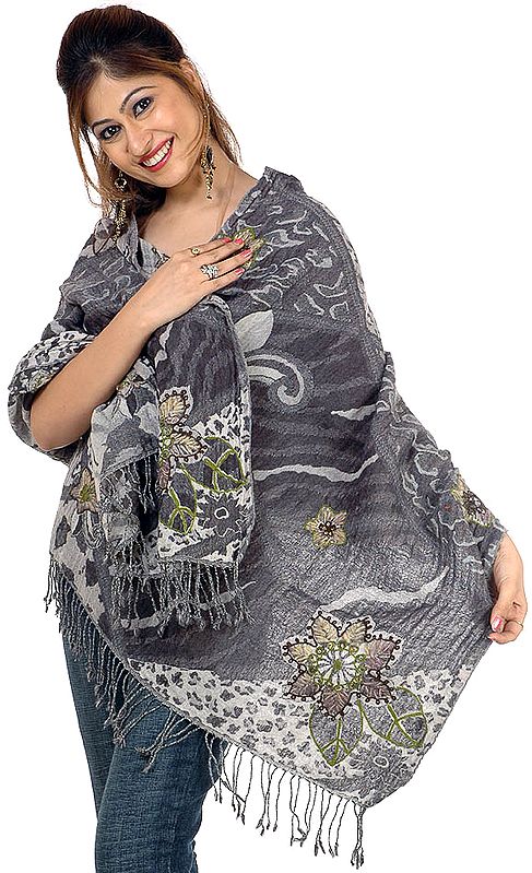 Gray Jamawar Boiled-Wool Stole with Aari-Embroidered Flowers