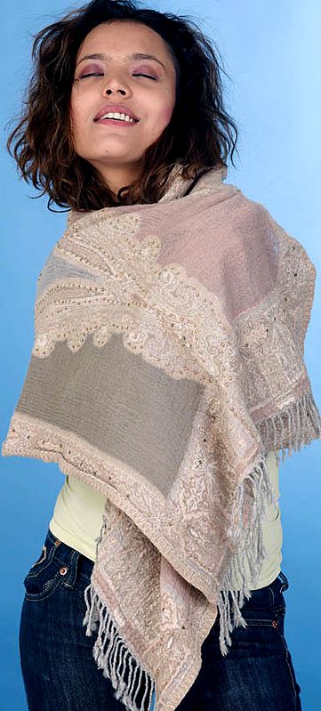Gray Jamawar Stole with Beadwork and Sequins