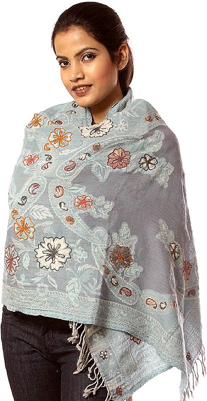 Gray Jamawar Stole with Embroidered Flowers and Paisleys