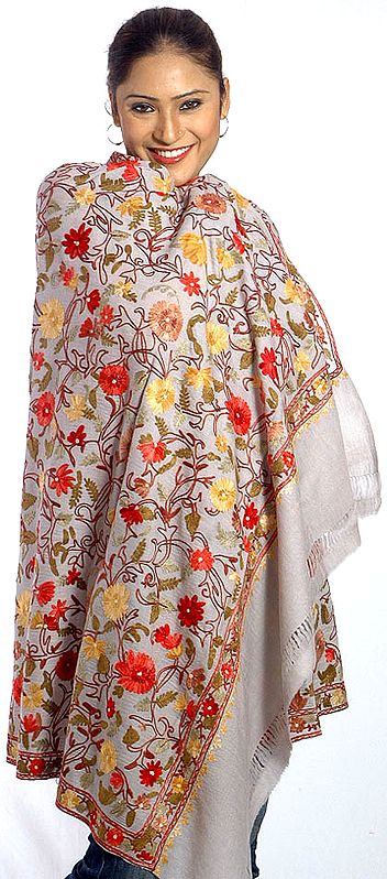 Gray Kashmiri Shawl with Crewel Embroidered Flowers All-Over