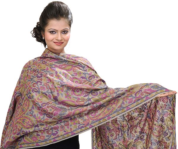 Gray Pure Pashmina Stole with Multi-Color Kani Weave