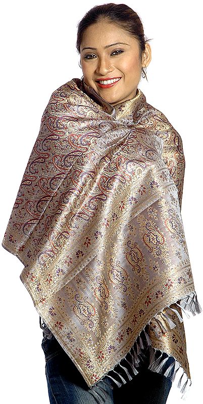 Gray Resham Tehra Stole with Woven Paisleys All Over