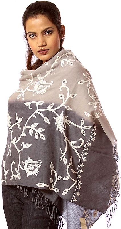 Gray Shaded Crewel Embroidered Stole with Beadwork