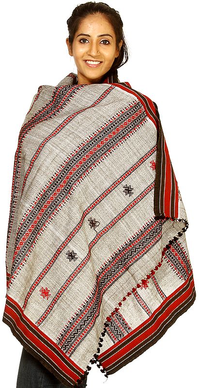 Gray Shawl from Kutch with Woven Bootis