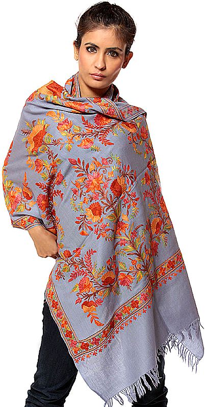 Gray Stole from Kashmir with Crewel Embroidered Flowers