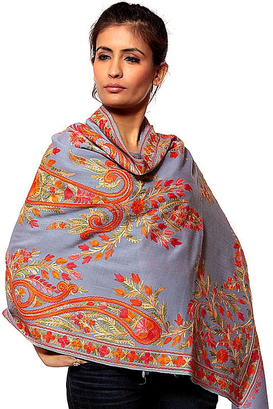 Gray Stole from Kashmir with Crewel Embroidered Paisleys