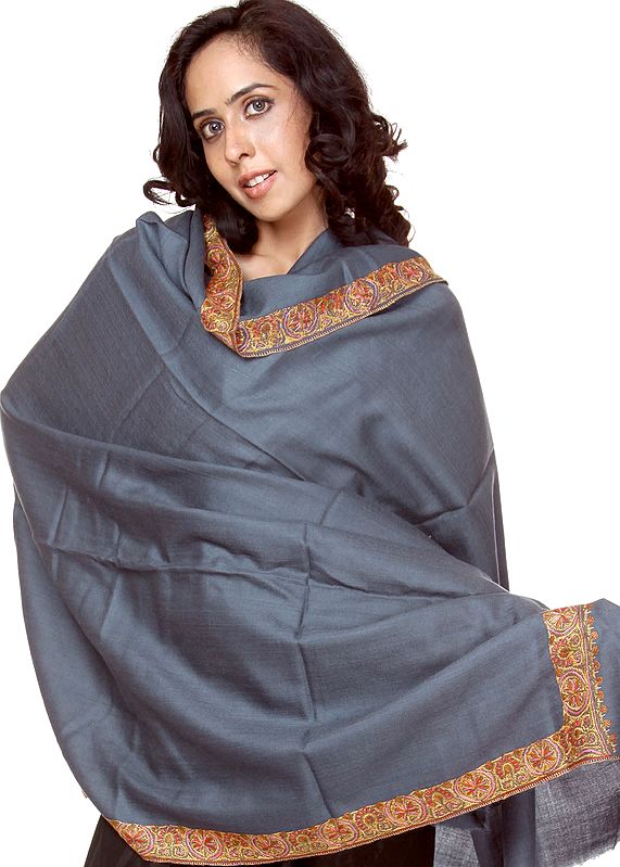 Gray Tusha Shawl with Densely Hand-Embroidered Border