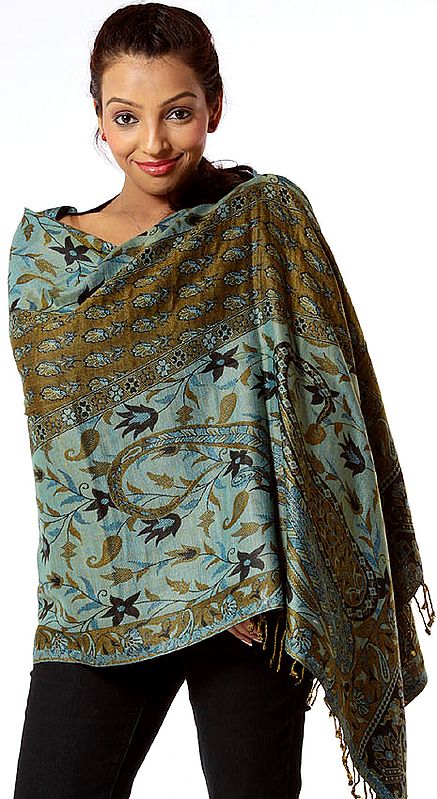Green and Black Reversible Jamawar Stole with Woven Paisleys